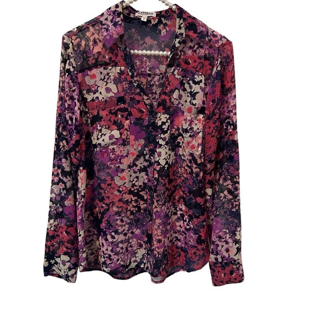 Express Shirt Women S Purple Pink dark floral Portofino Blouse Top fairy sheer